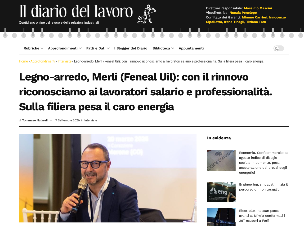 Screenshot 2026-09-08 at 10-56-15 Legno-arredo Merli (Feneal Uil) con il rinnovo riconosciamo ai lavoratori salario e professionalità. Sulla filiera pesa il caro energia - Il Diario del Lavoro